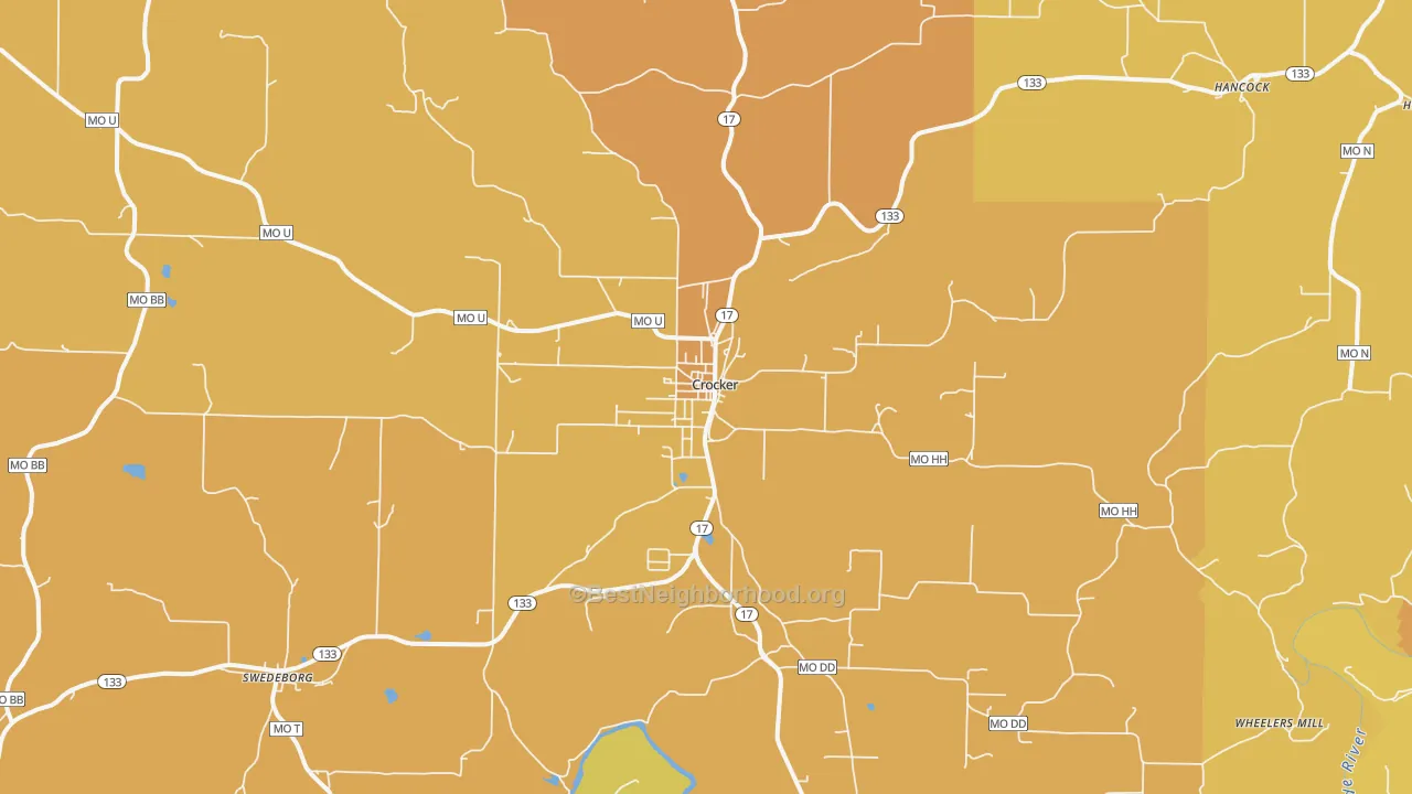 Map of the best neighborhoods in the 65452 area, with better matches in green and worse matches in red
