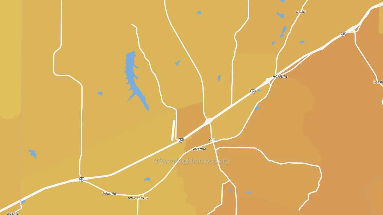 Map of the best neighborhoods in the 65453 area, with better matches in green and worse matches in red