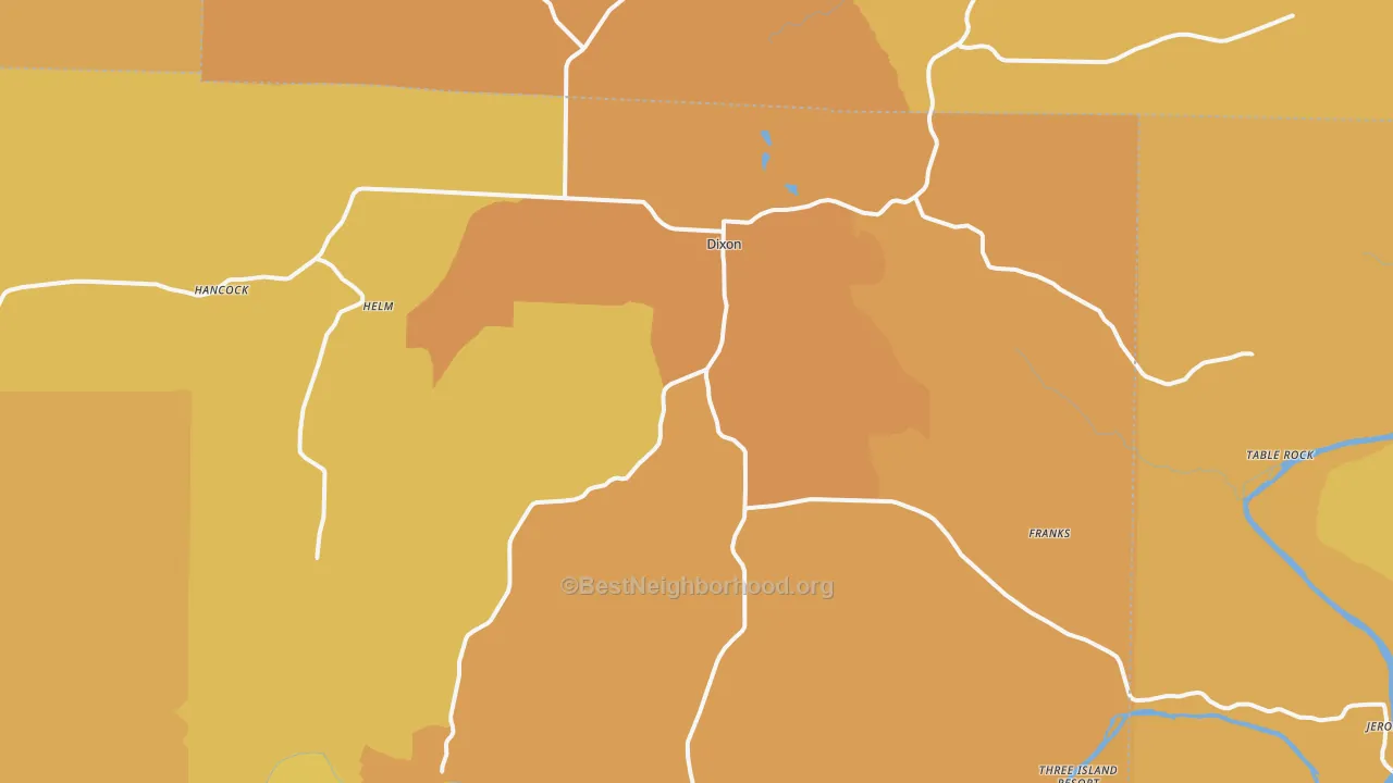 Map of the best neighborhoods in the 65459 area, with better matches in green and worse matches in red