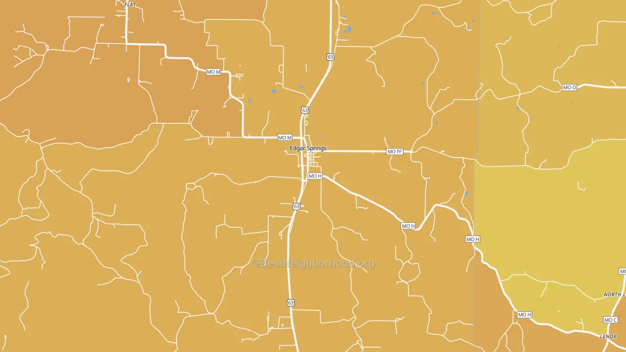 Map of the best neighborhoods in the 65462 area, with better matches in green and worse matches in red