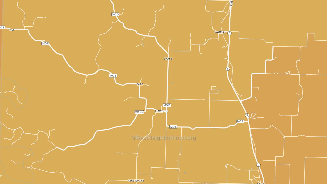 Map of the best neighborhoods in the 65463 area, with better matches in green and worse matches in red