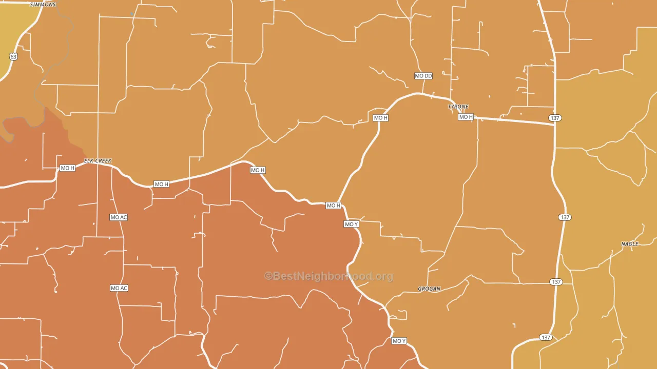 Map of the best neighborhoods in the 65464 area, with better matches in green and worse matches in red