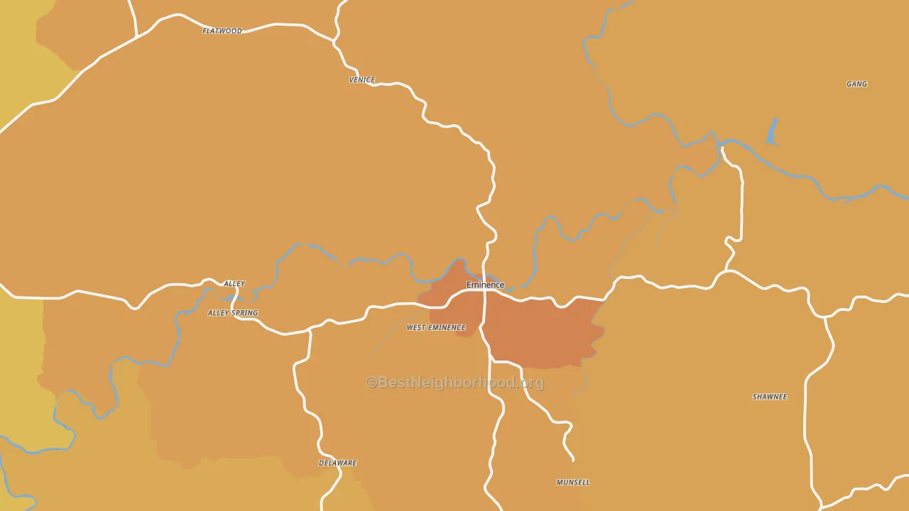 Map of the best neighborhoods in the 65466 area, with better matches in green and worse matches in red