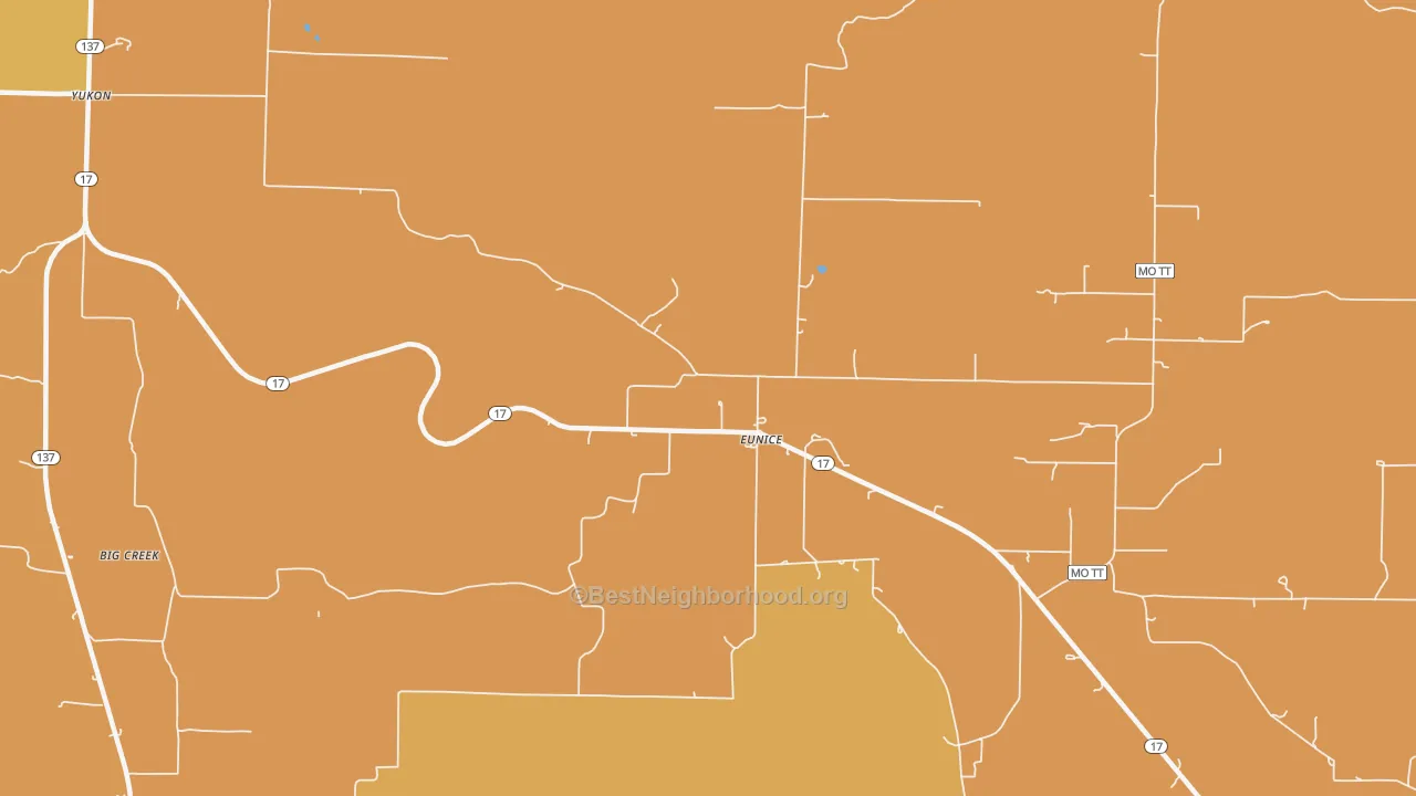 Map of the best neighborhoods in the 65468 area, with better matches in green and worse matches in red