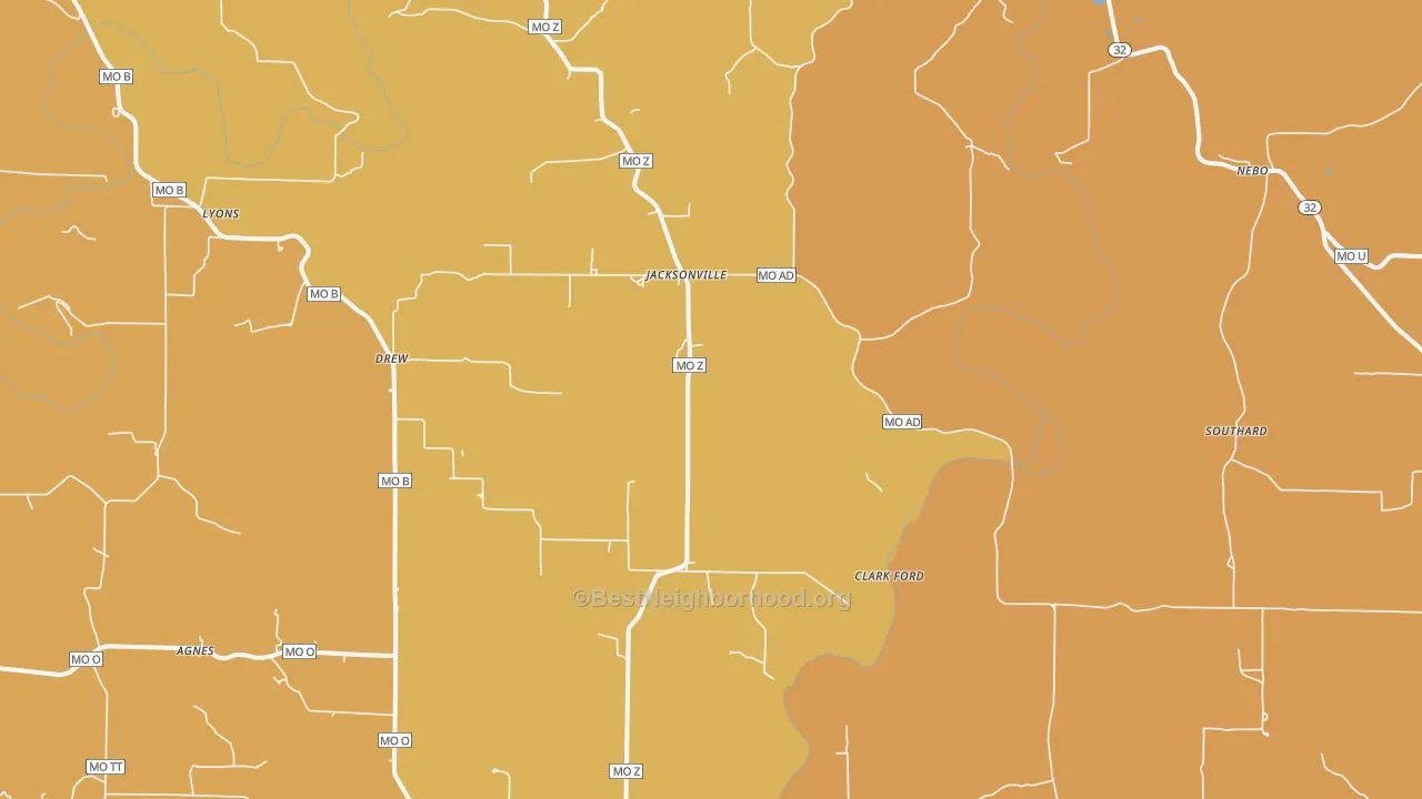 Map of the best neighborhoods in the 65470 area, with better matches in green and worse matches in red