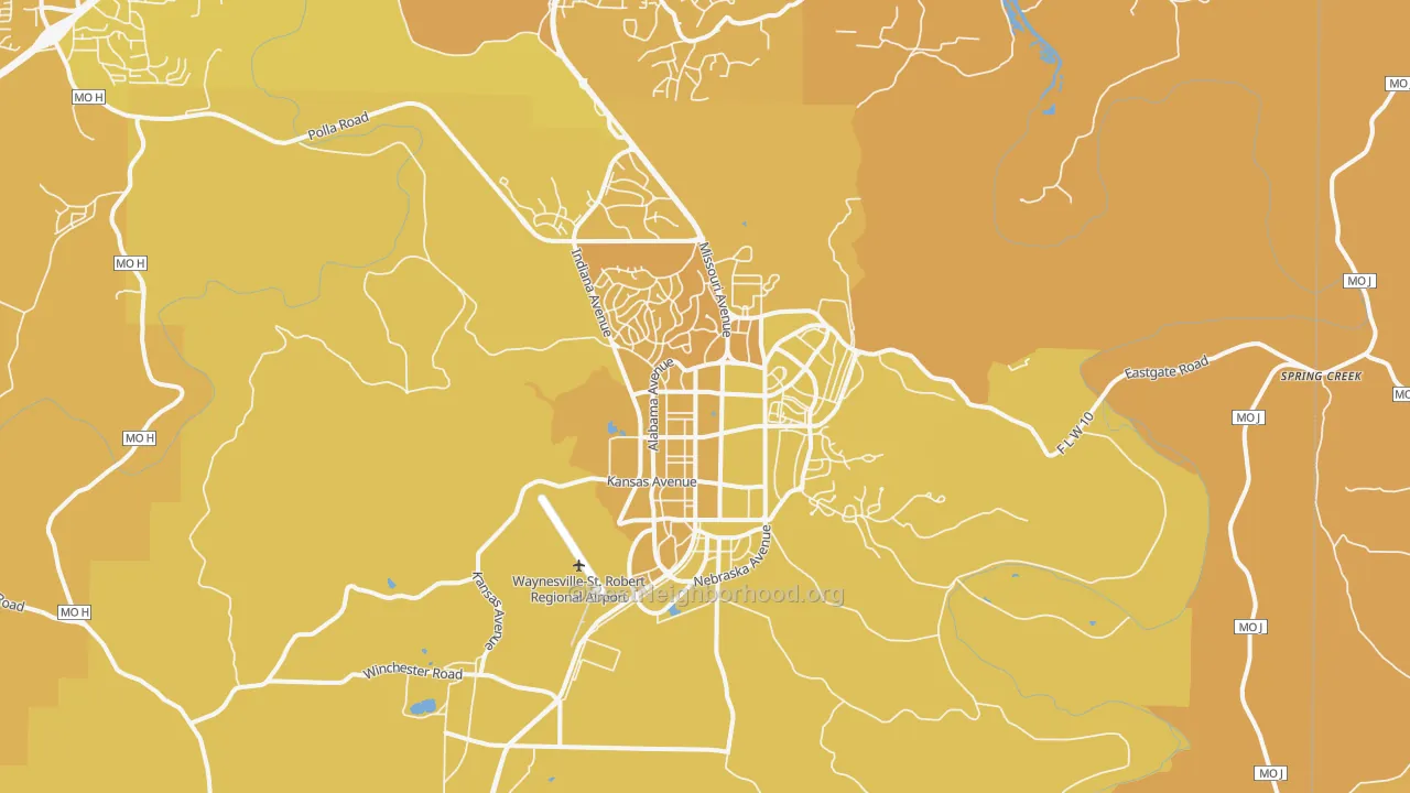 Map of the best neighborhoods in the 65473 area, with better matches in green and worse matches in red