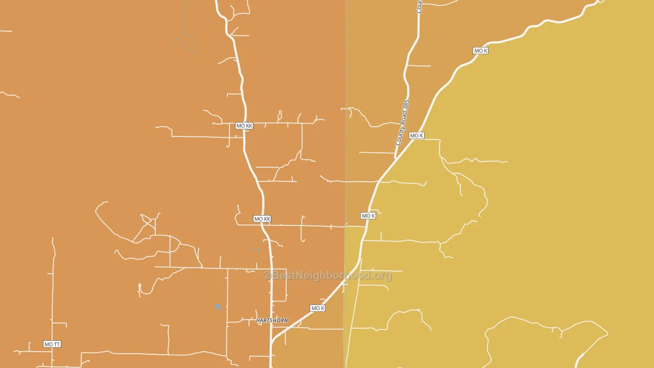 Map of the best neighborhoods in the 65479 area, with better matches in green and worse matches in red