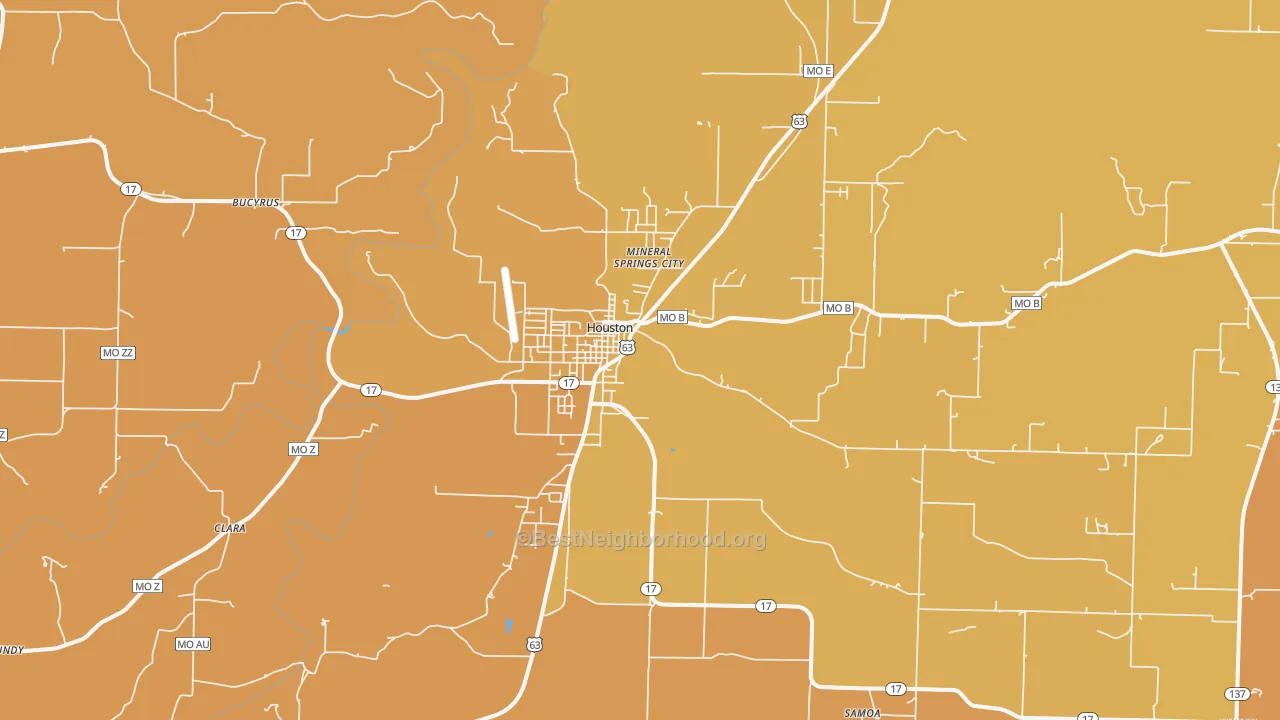 Map of the best neighborhoods in the 65483 area, with better matches in green and worse matches in red