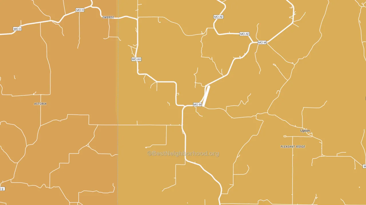 Map of the best neighborhoods in the 65484 area, with better matches in green and worse matches in red