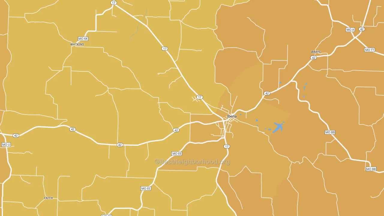Map of the best neighborhoods in the 65486 area, with better matches in green and worse matches in red