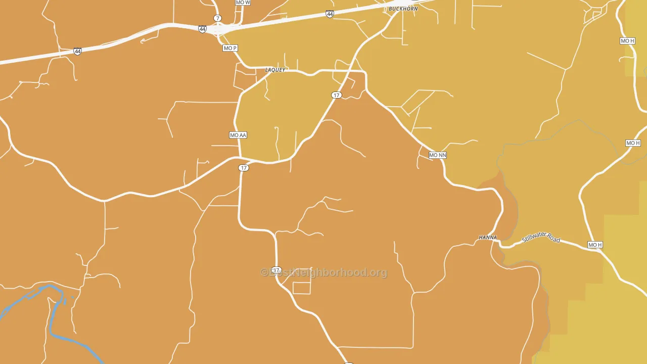 Map of the best neighborhoods in the 65534 area, with better matches in green and worse matches in red