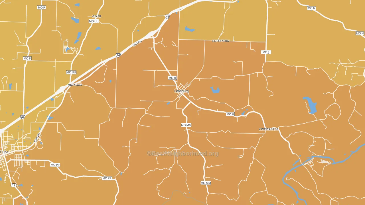 Map of the best neighborhoods in the 65535 area, with better matches in green and worse matches in red