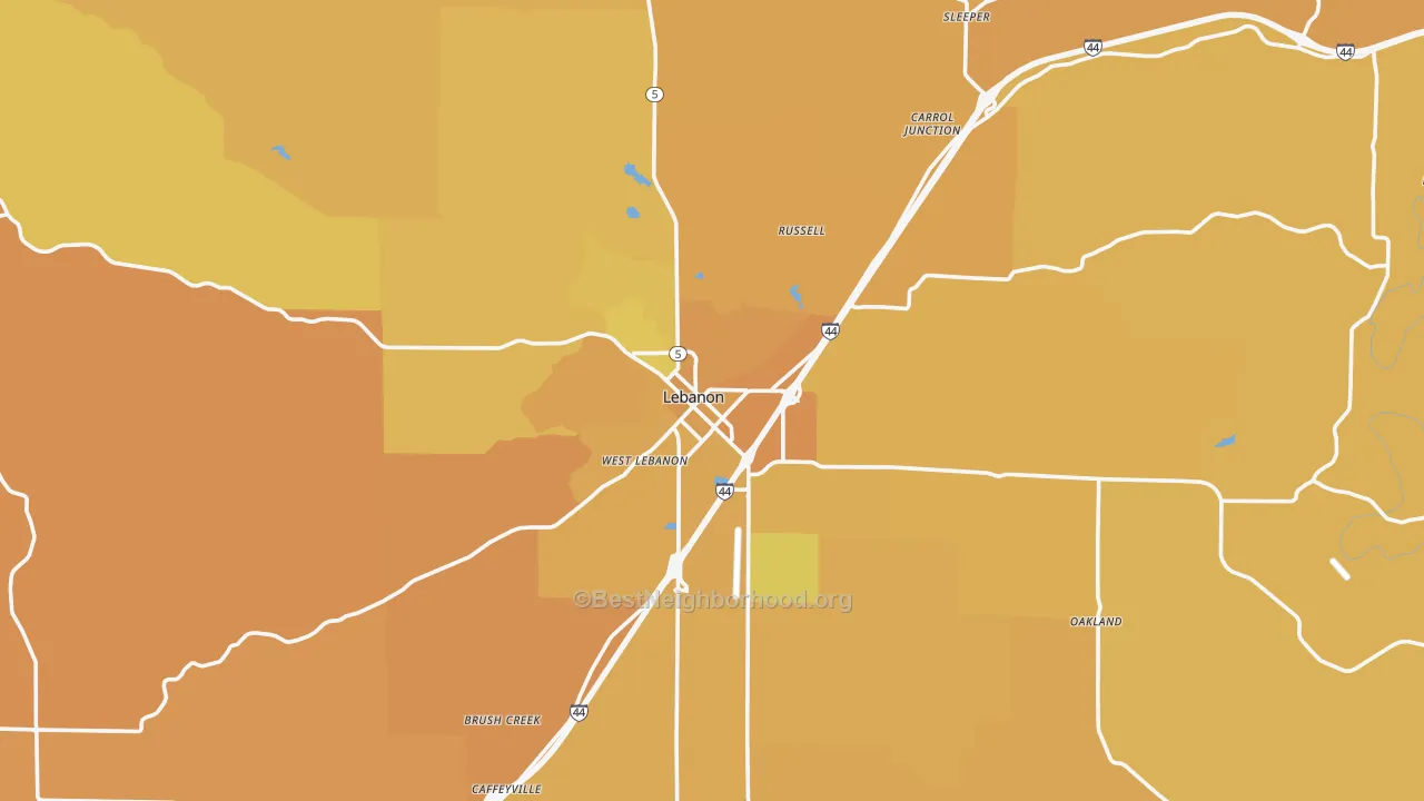 Map of the best neighborhoods in the 65536 area, with better matches in green and worse matches in red
