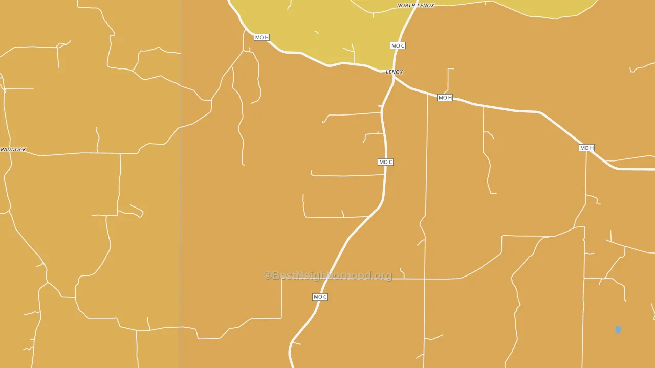 Map of the best neighborhoods in the 65541 area, with better matches in green and worse matches in red