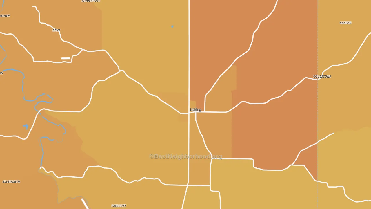 Map of the best neighborhoods in the 65542 area, with better matches in green and worse matches in red