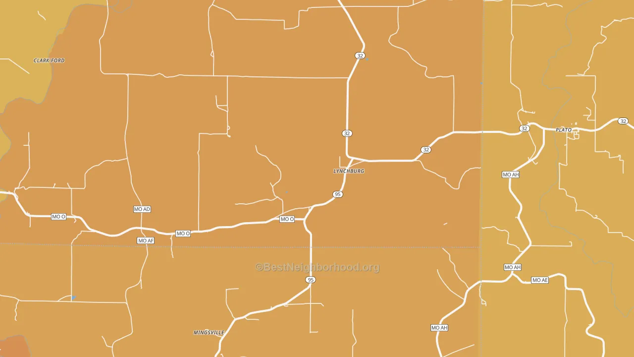 Map of the best neighborhoods in the 65543 area, with better matches in green and worse matches in red
