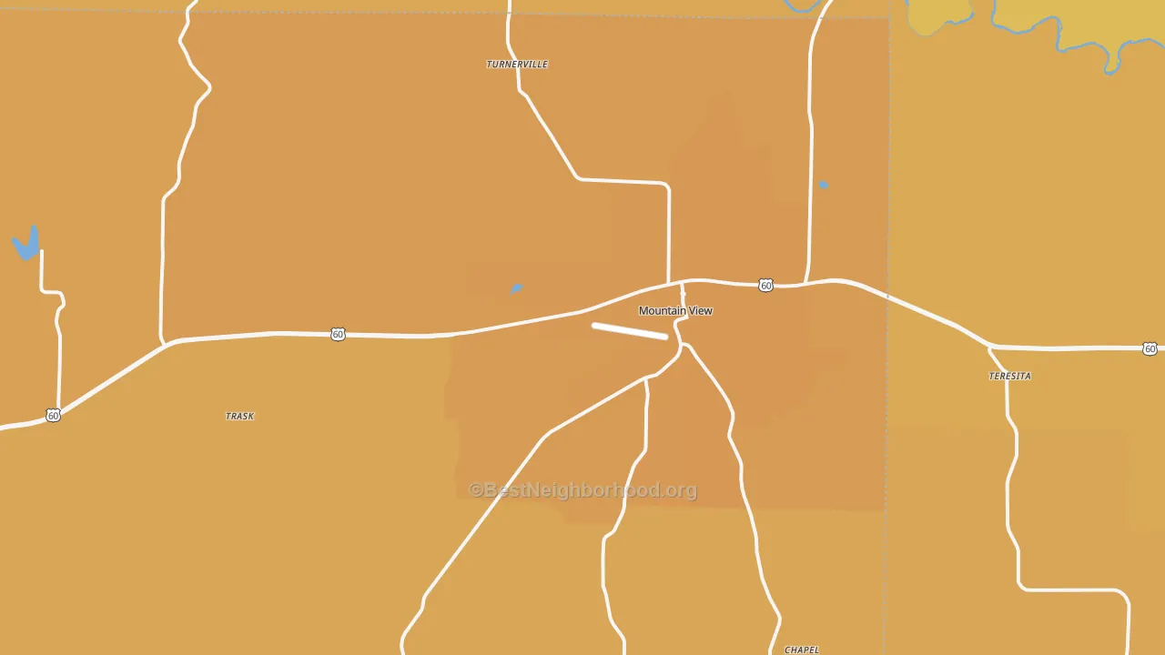 Map of the best neighborhoods in the 65548 area, with better matches in green and worse matches in red