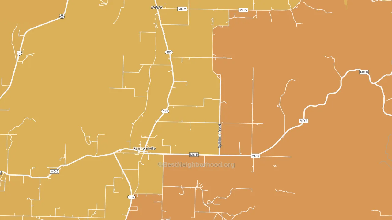 Map of the best neighborhoods in the 65555 area, with better matches in green and worse matches in red