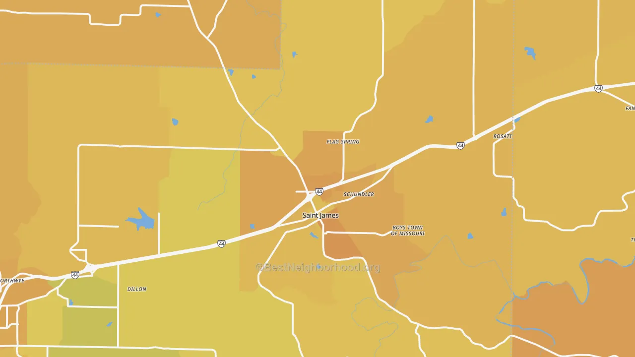 Map of the best neighborhoods in the 65559 area, with better matches in green and worse matches in red