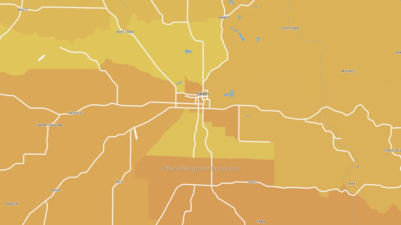 Map of the best neighborhoods in the 65560 area, with better matches in green and worse matches in red