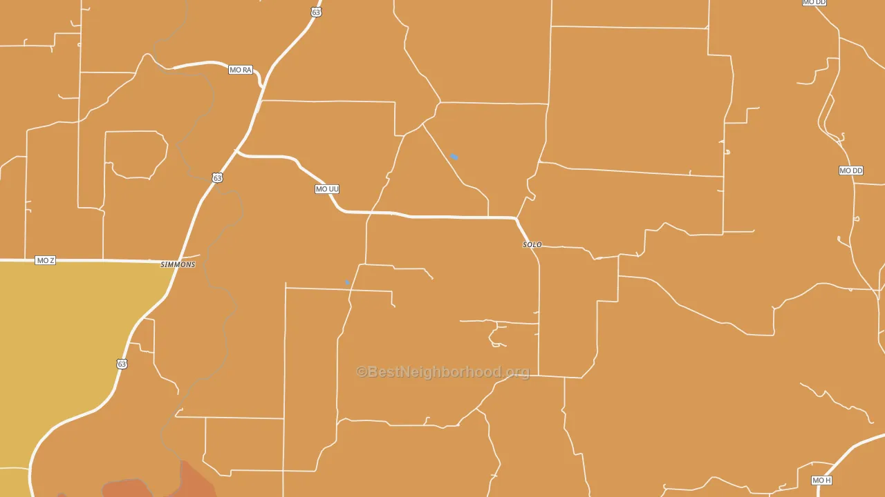 Map of the best neighborhoods in the 65564 area, with better matches in green and worse matches in red
