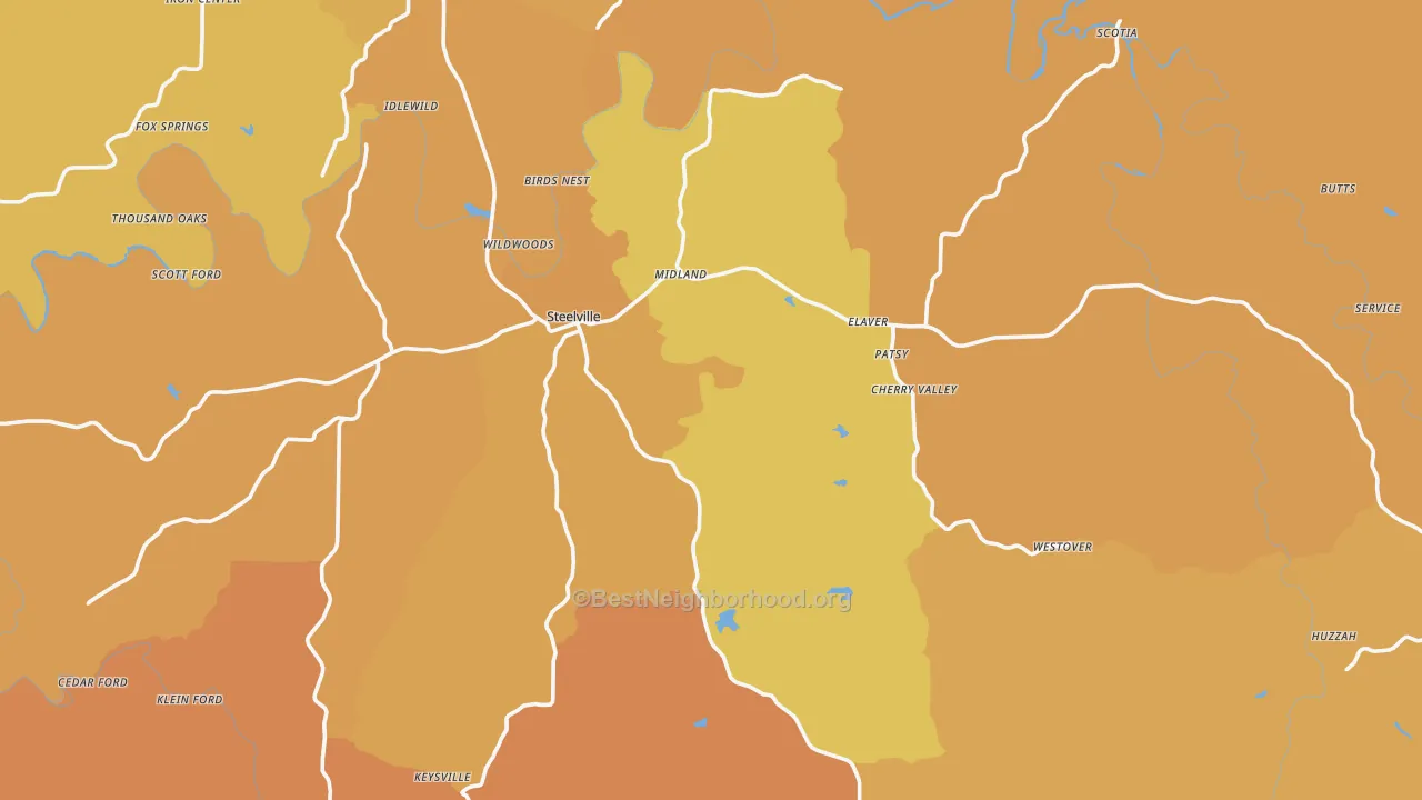 Map of the best neighborhoods in the 65565 area, with better matches in green and worse matches in red