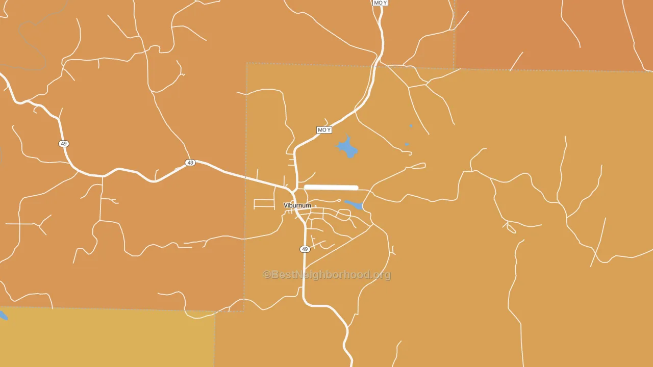 Map of the best neighborhoods in the 65566 area, with better matches in green and worse matches in red