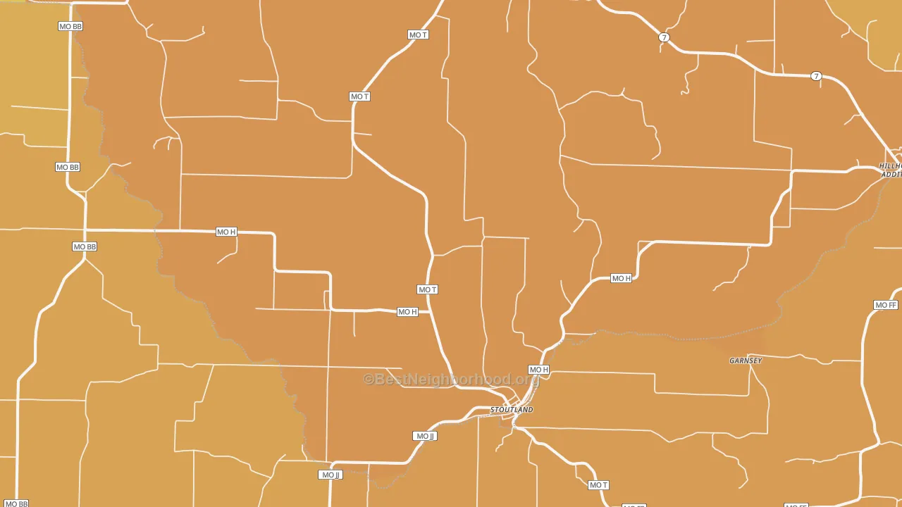 Map of the best neighborhoods in the 65567 area, with better matches in green and worse matches in red