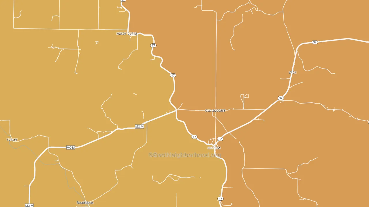Map of the best neighborhoods in the 65570 area, with better matches in green and worse matches in red