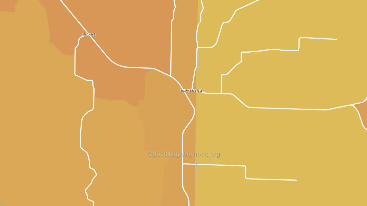 Map of the best neighborhoods in the 65571 area, with better matches in green and worse matches in red