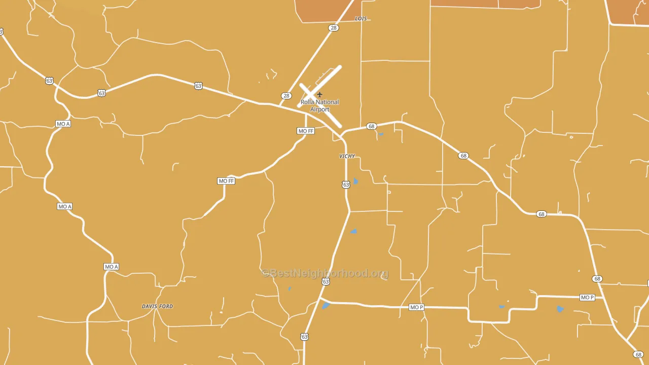 Map of the best neighborhoods in the 65580 area, with better matches in green and worse matches in red