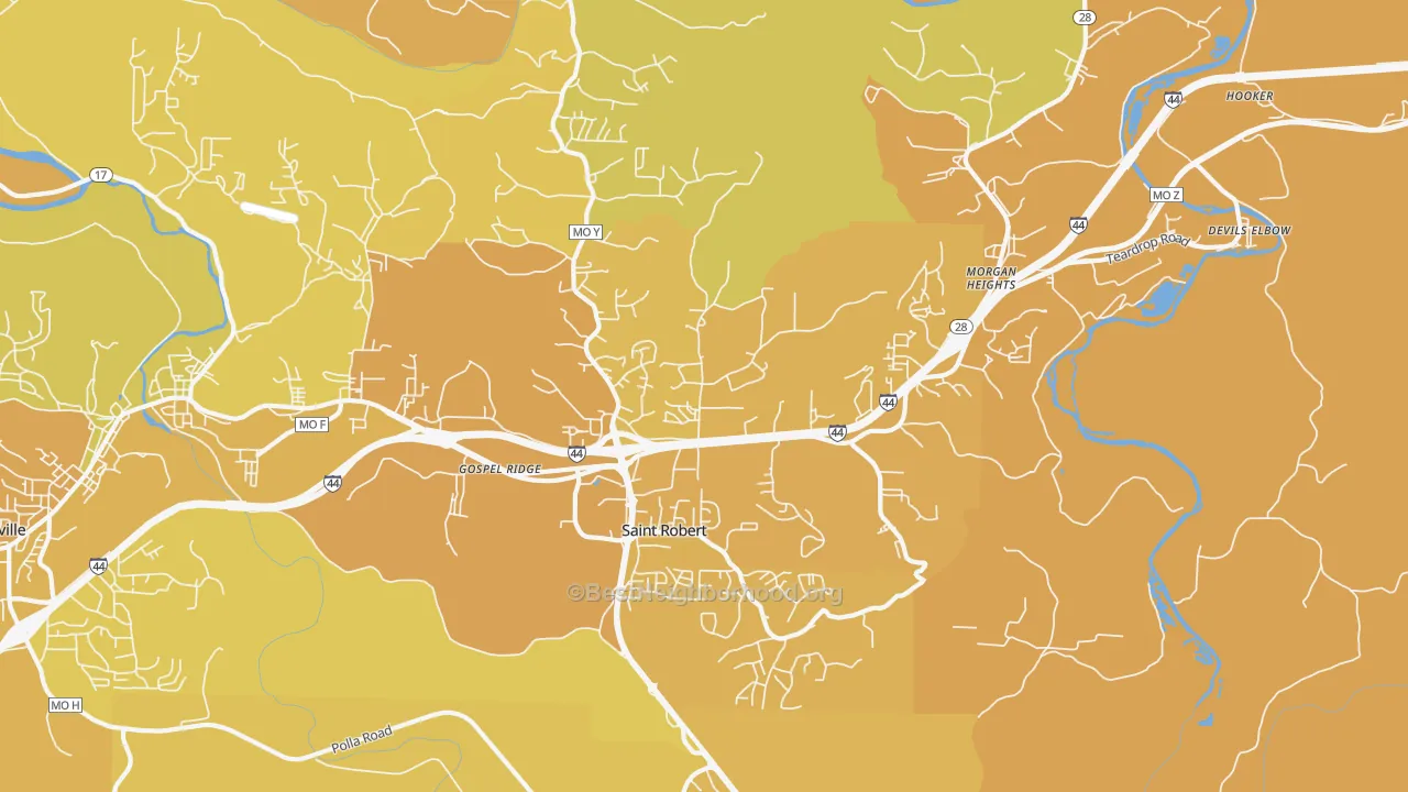 Map of the best neighborhoods in the 65584 area, with better matches in green and worse matches in red