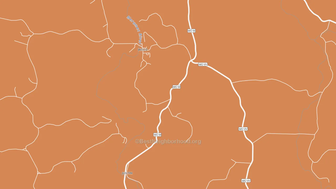 Map of the best neighborhoods in the 65586 area, with better matches in green and worse matches in red