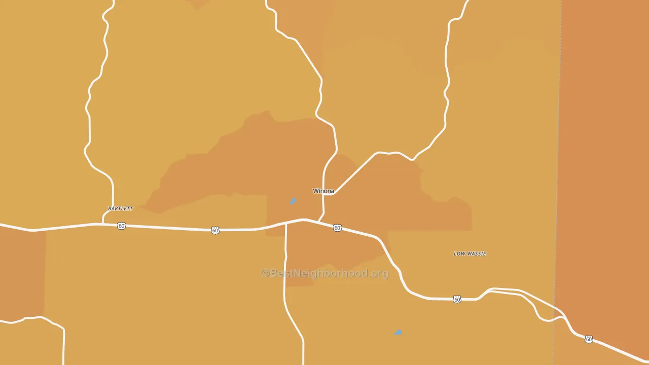 Map of the best neighborhoods in the 65588 area, with better matches in green and worse matches in red