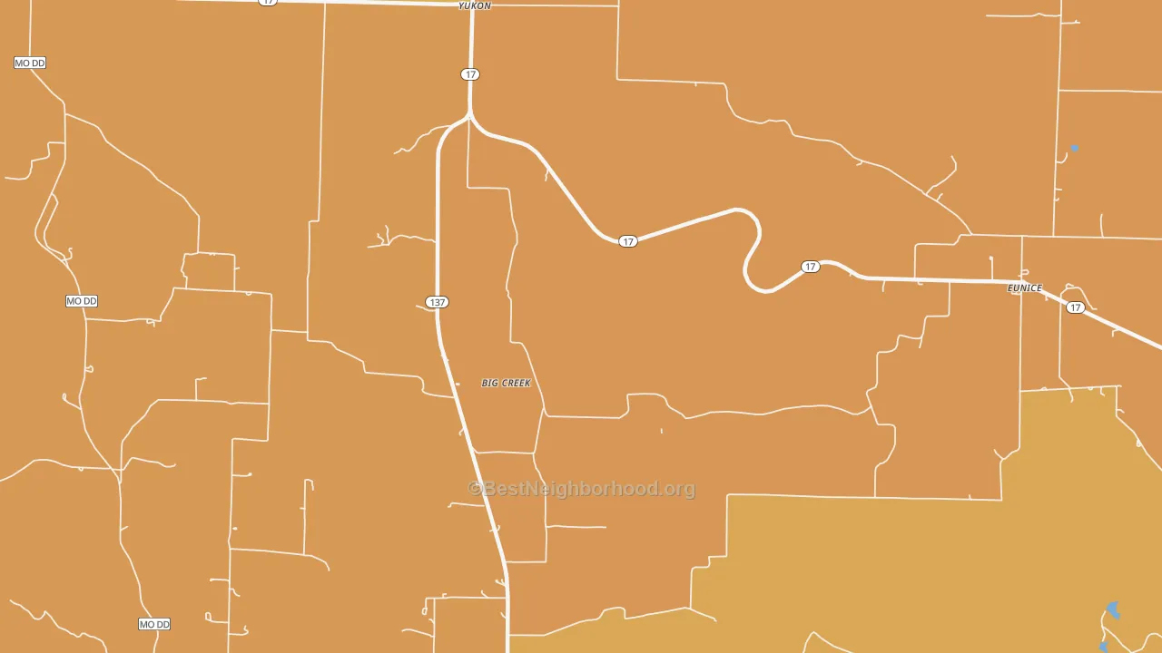 Map of the best neighborhoods in the 65589 area, with better matches in green and worse matches in red