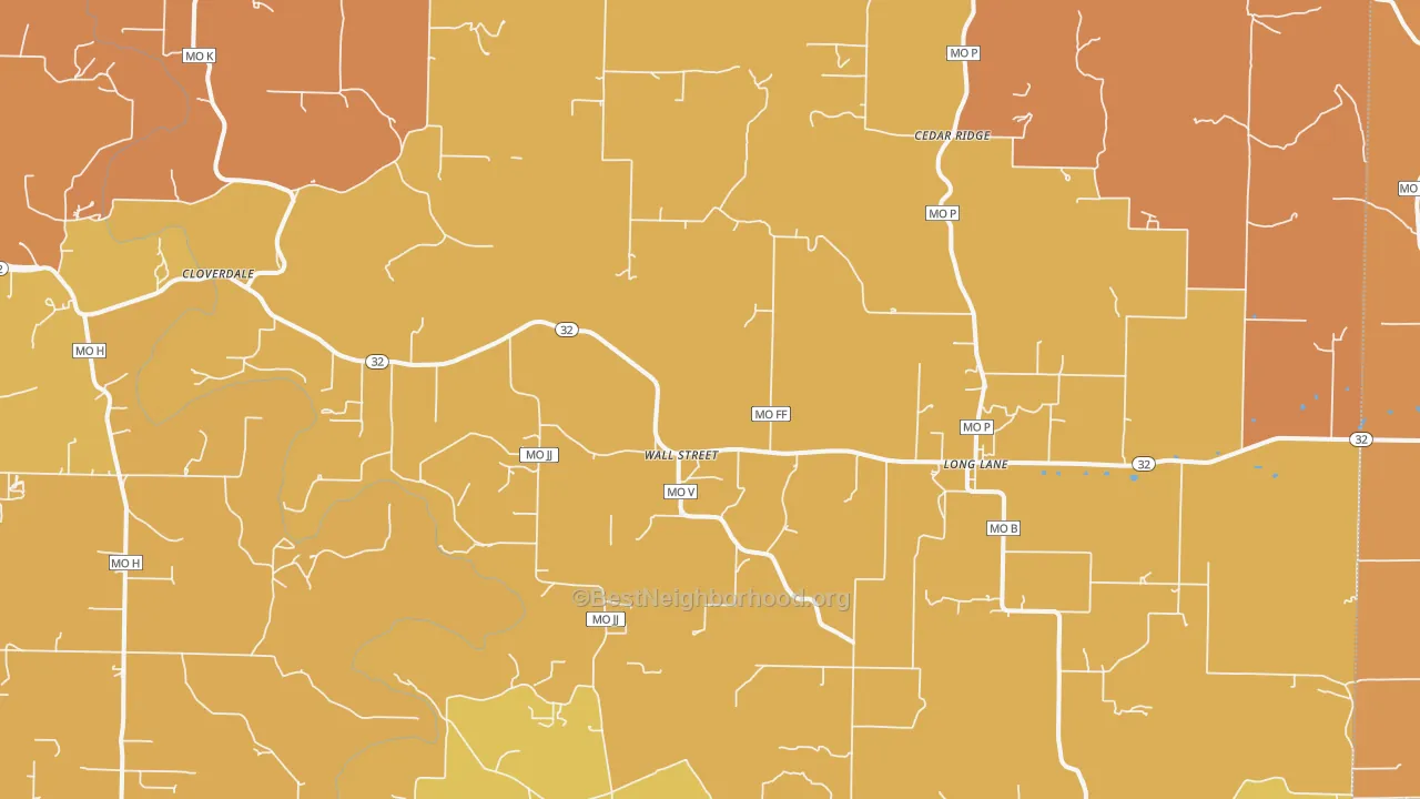 Map of the best neighborhoods in the 65590 area, with better matches in green and worse matches in red