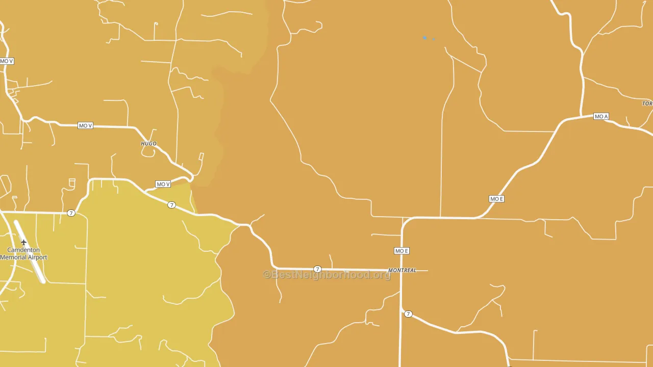Map of the best neighborhoods in the 65591 area, with better matches in green and worse matches in red