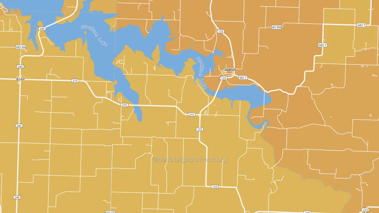 Map of the best neighborhoods in the 65601 area, with better matches in green and worse matches in red