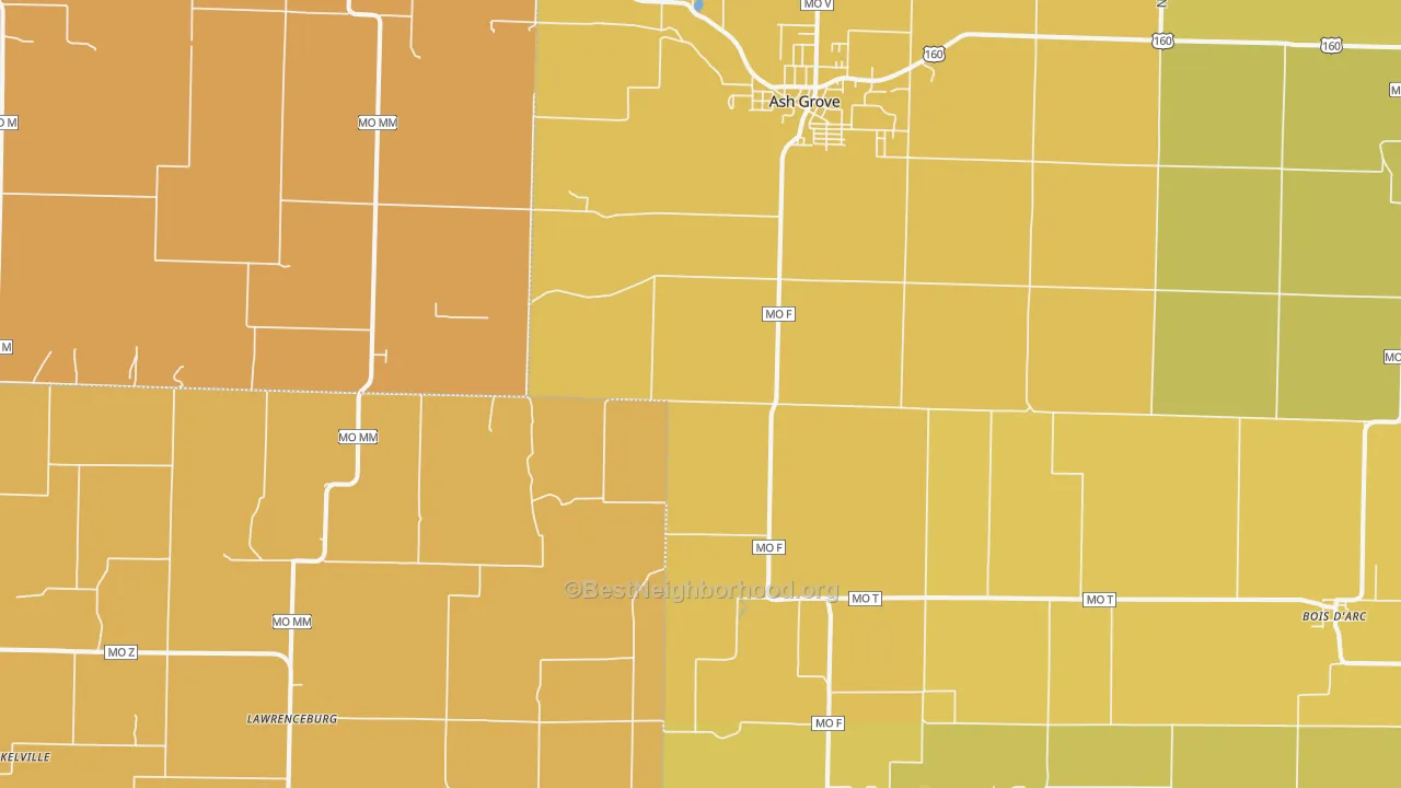 Map of the best neighborhoods in the 65604 area, with better matches in green and worse matches in red