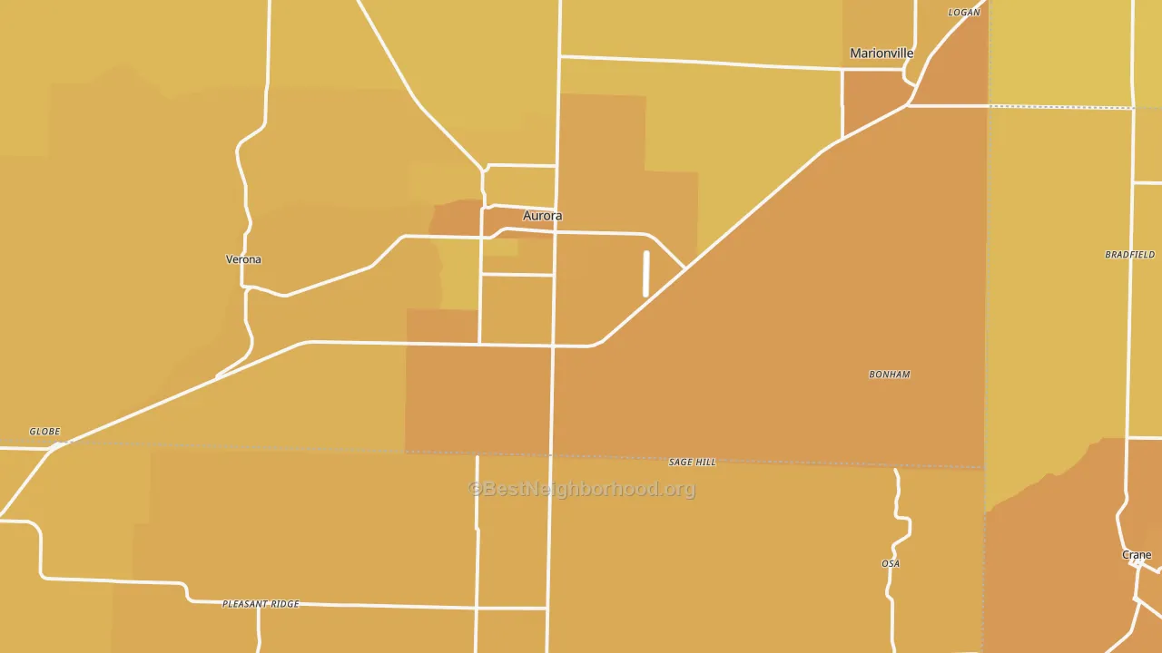Map of the best neighborhoods in the 65605 area, with better matches in green and worse matches in red