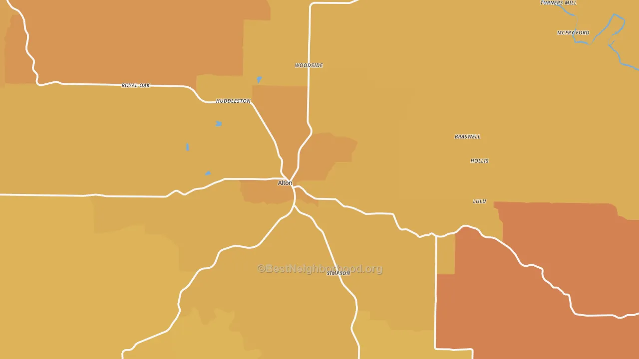 Map of the best neighborhoods in the 65606 area, with better matches in green and worse matches in red