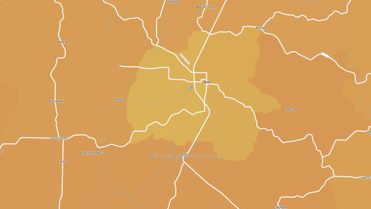 Map of the best neighborhoods in the 65608 area, with better matches in green and worse matches in red