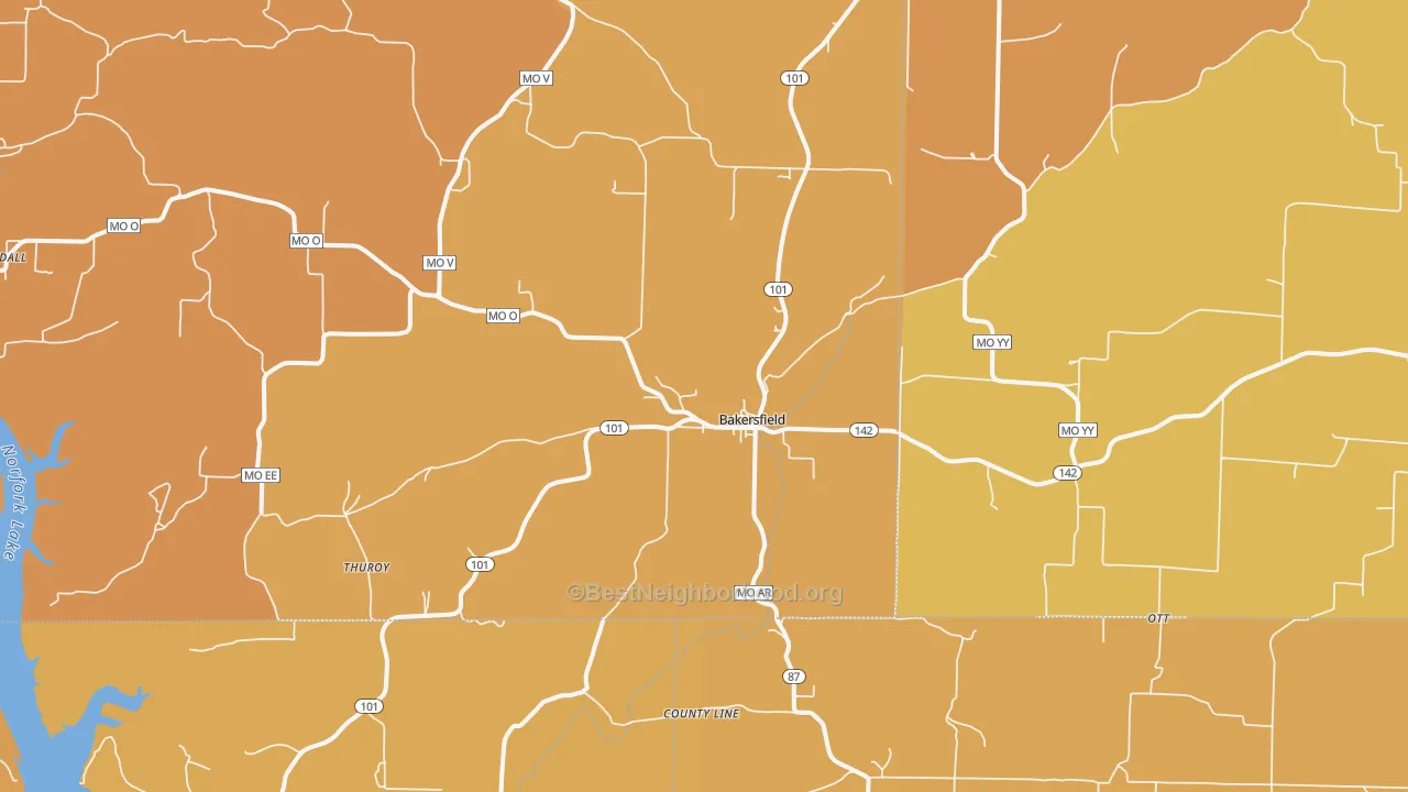 Map of the best neighborhoods in the 65609 area, with better matches in green and worse matches in red