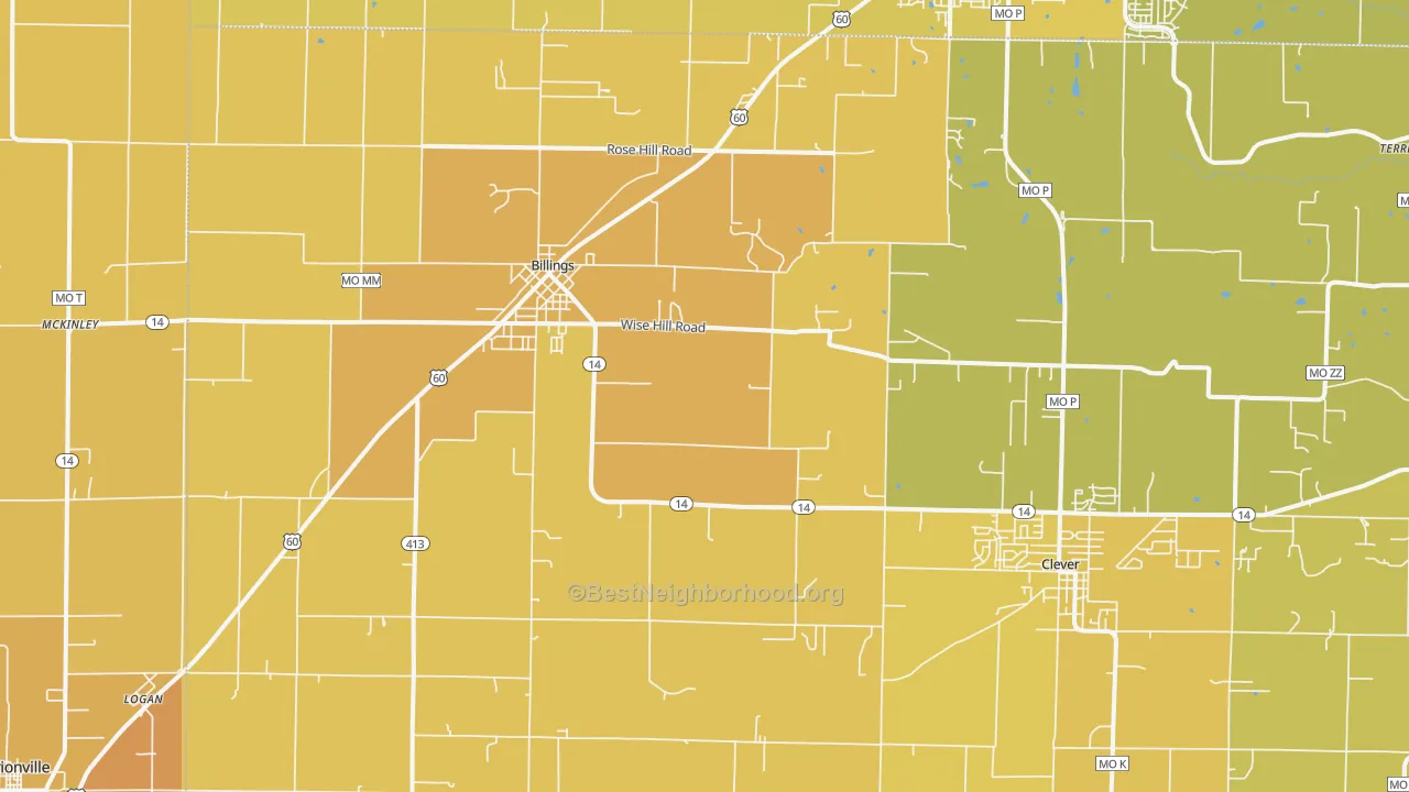 Map of the best neighborhoods in the 65610 area, with better matches in green and worse matches in red