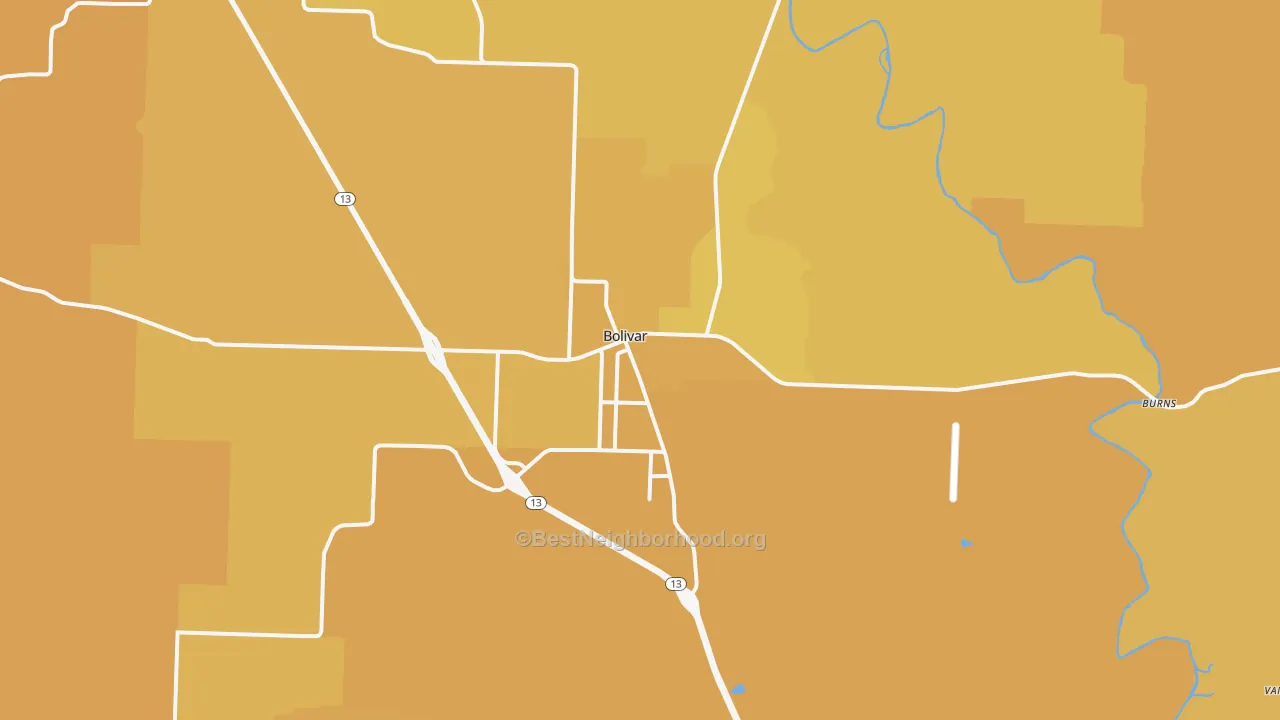 Map of the best neighborhoods in the 65613 area, with better matches in green and worse matches in red