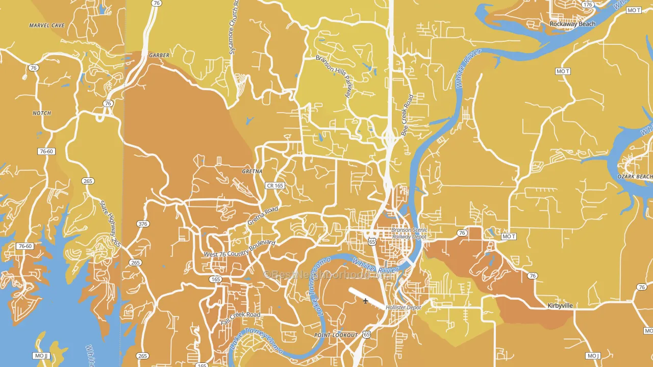 Map of the best neighborhoods in the 65616 area, with better matches in green and worse matches in red