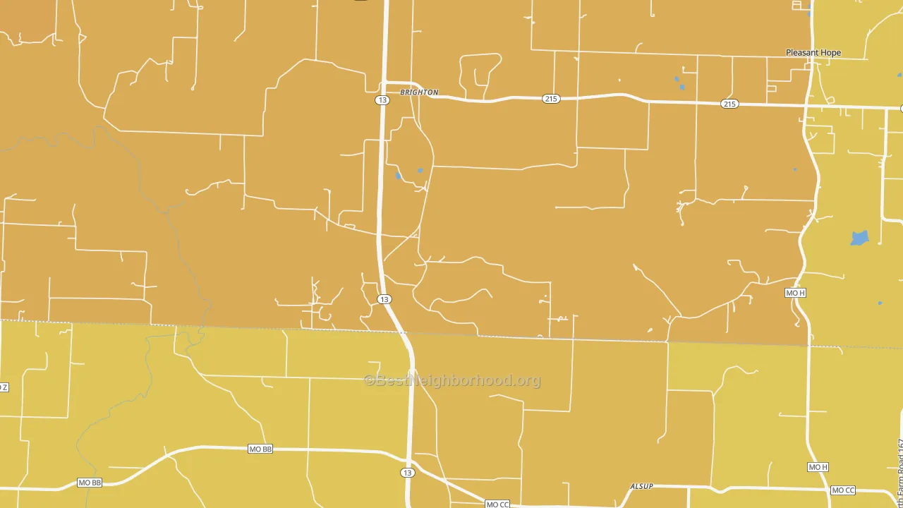 Map of the best neighborhoods in the 65617 area, with better matches in green and worse matches in red