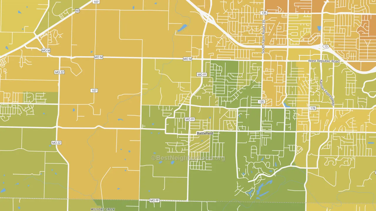 Map of the best neighborhoods in the 65619 area, with better matches in green and worse matches in red