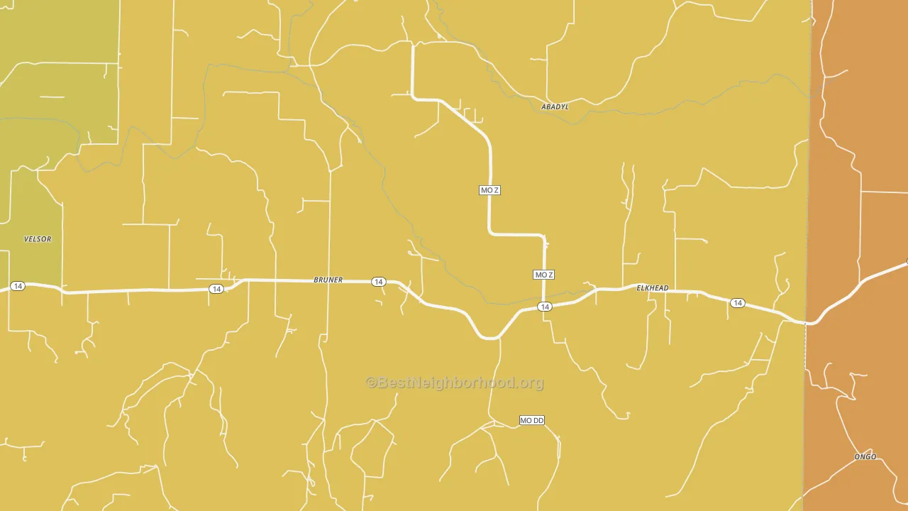 Map of the best neighborhoods in the 65620 area, with better matches in green and worse matches in red