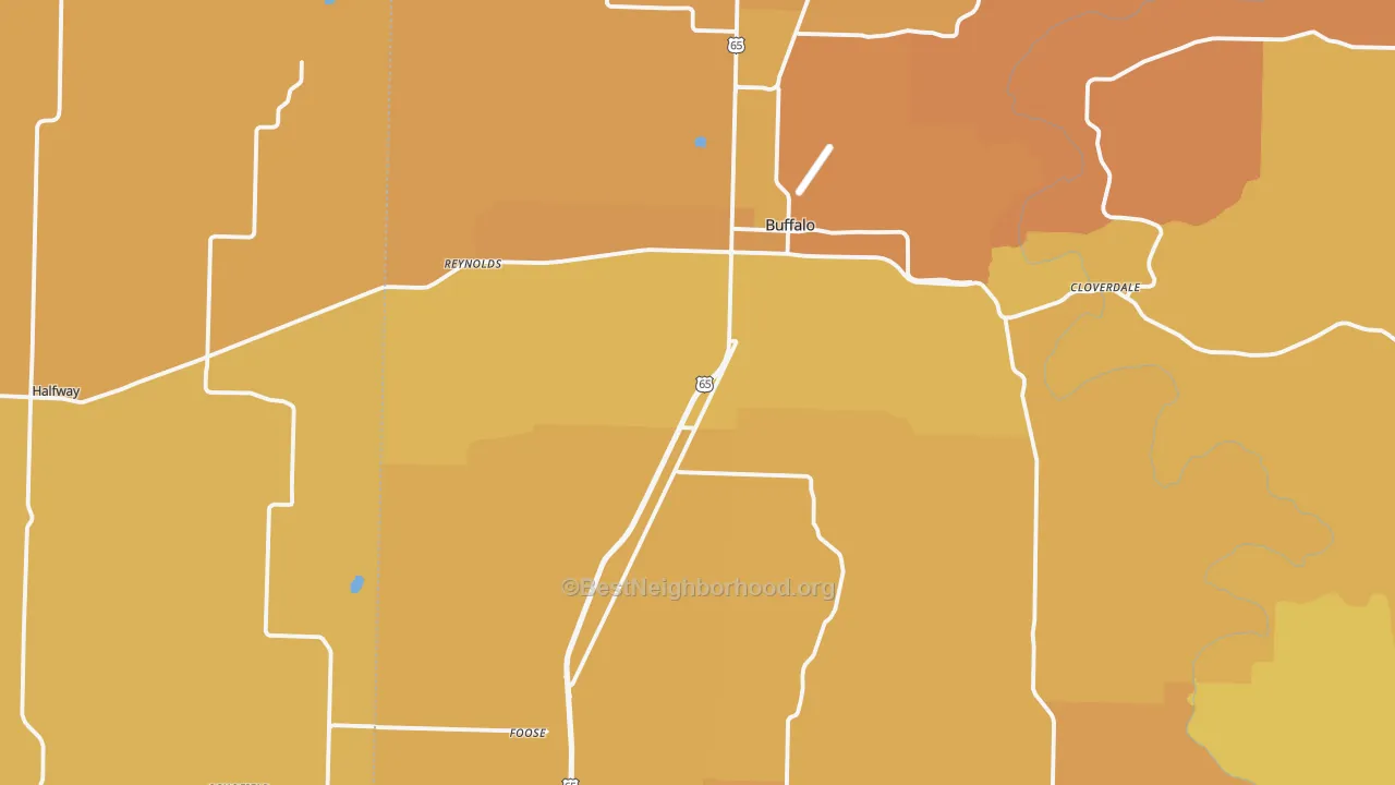 Map of the best neighborhoods in the 65622 area, with better matches in green and worse matches in red